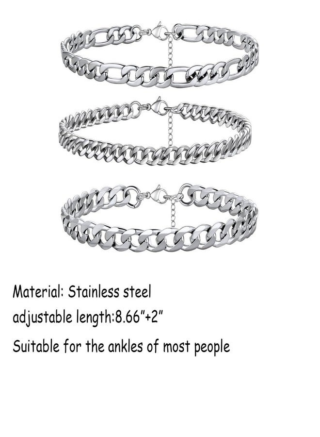 PINCHUAN Silver Ankle Bracelets for Women Waterproof Stainless Steel Anklet Adjustable Layered Cuban Silver Anklets Set Summer Beach Foot Jewelry Gift-Cuban chain - Image 2